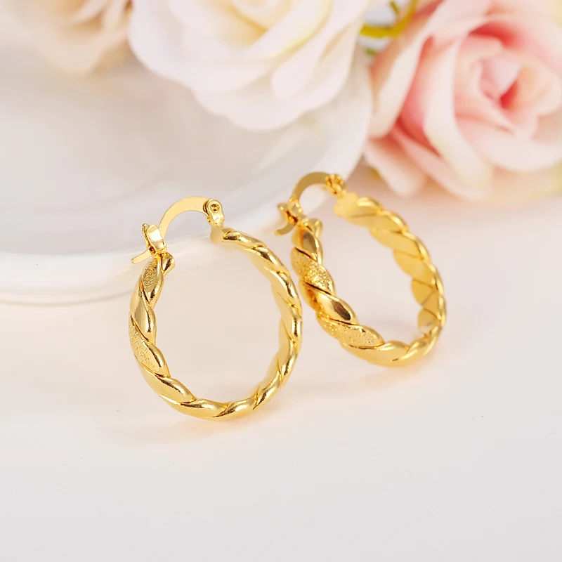 

22K 23K 24K Thai Baht YELLOW GOLD GP EARRINGS Hoop E India Jewelry Brincos Top Quality Wave