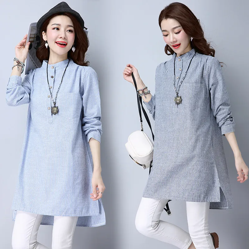 Женская Длинная блузка в полоску Повседневная Свободная рубашка из хлопка и льна