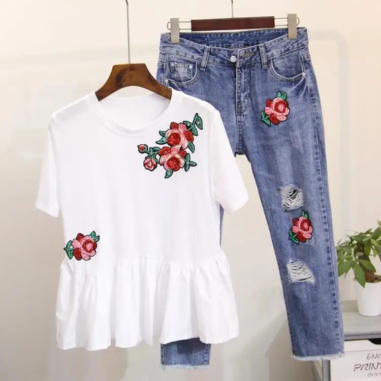 2017 летние DINGZHU вышитые цветы лотоса качели куртка + Джинсы с прорехами костюм