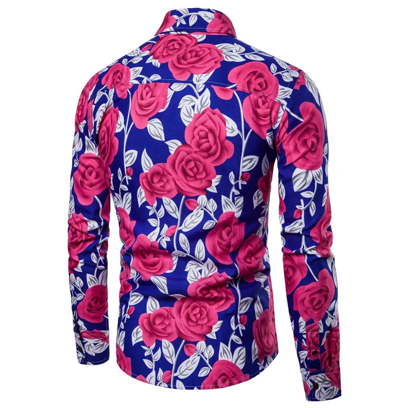 

2020 Hot Sales Summer Rose Print Shirt Men Long Sleeve Casual Style Mens Shirts Regular Fit