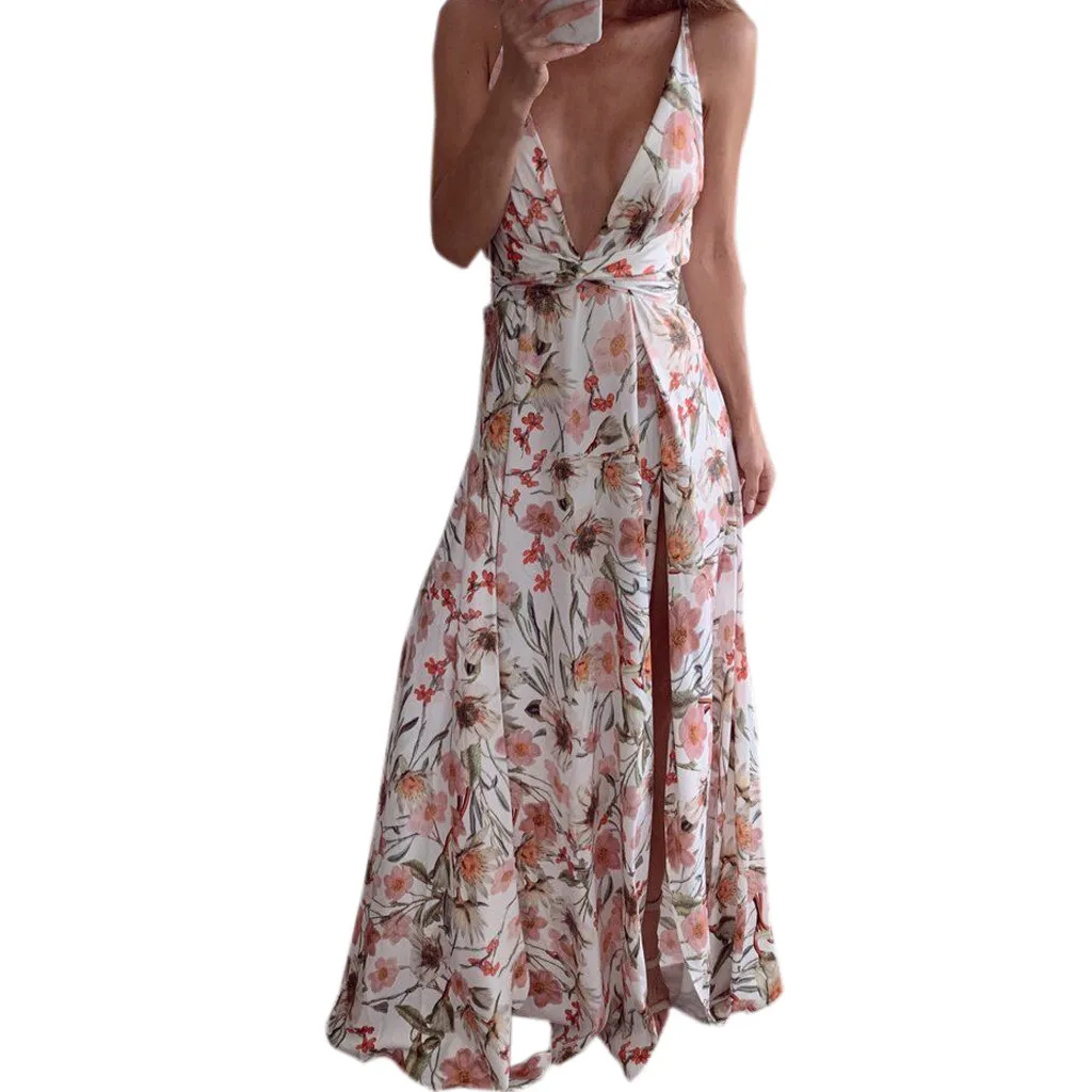 Летнее женское платье без рукавов с открытыми плечами открытым вырезом принтом