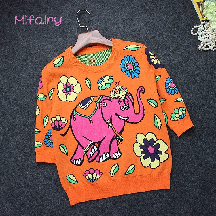 Free Shipping 2017 Yellow Half Sleeves Women's Pullovers Summer Elephant Florals Jacquard Runway Sweaters S005 | Женская одежда