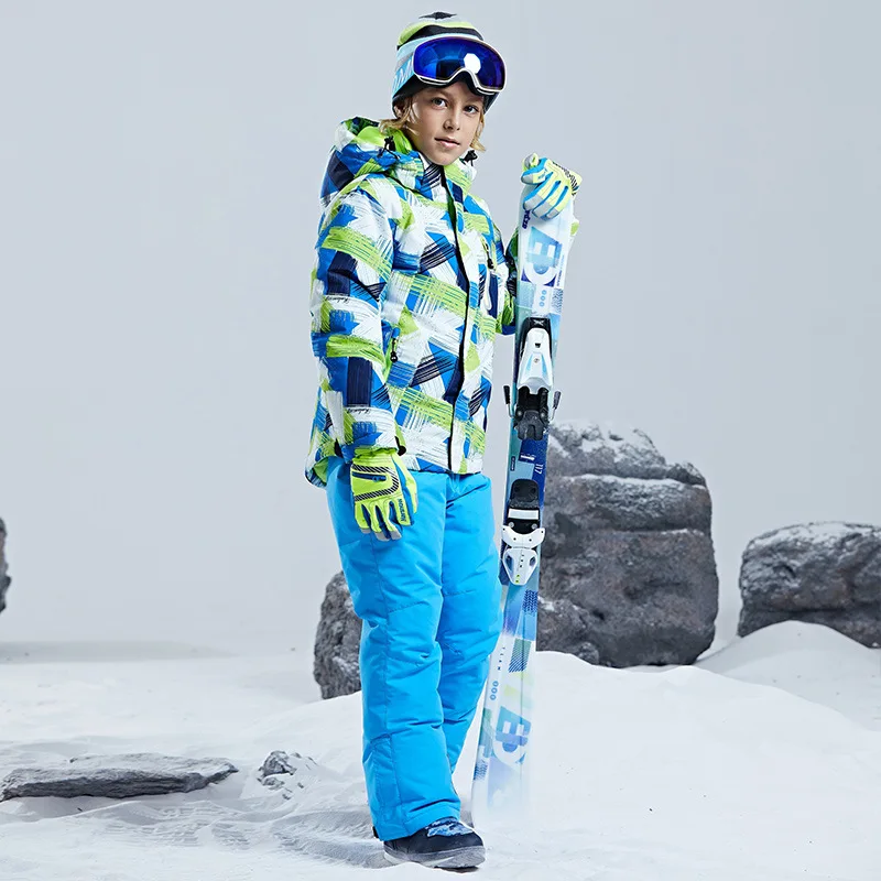 Boys Top Blue Pant Детский лыжный костюм для мальчиков и девочек; Водонепроницаемая Лыжная куртка; зимние штаны; теплая зимняя верхняя одежда для мальчиков и девочек; комплект одежды с капюшоном - Цвет: Boys Top Blue Pant