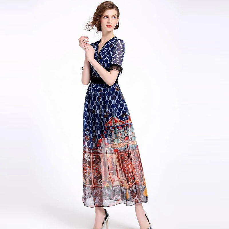 2018 темперамент Геометрические печати шифон свободные модные Европейский Стиль