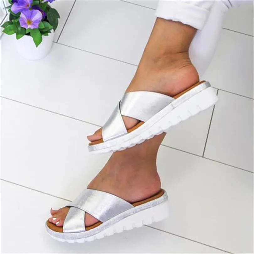 LIN KING/размера плюс однотонные женские тапки из кожи ПУ на толстой подошве Летняя