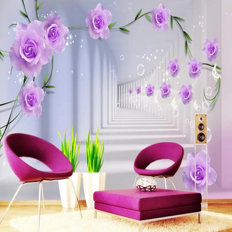 Beibehang Customize any sizewallpaper 3D living room bedroom backdrop abstract perspective background wallpaper purple flowers |