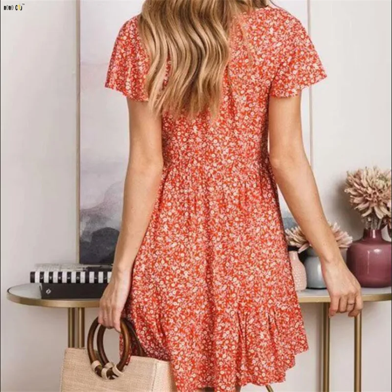 Новинка 2019 модное платье в цветок для женщин короткий рукав v-образный вырез