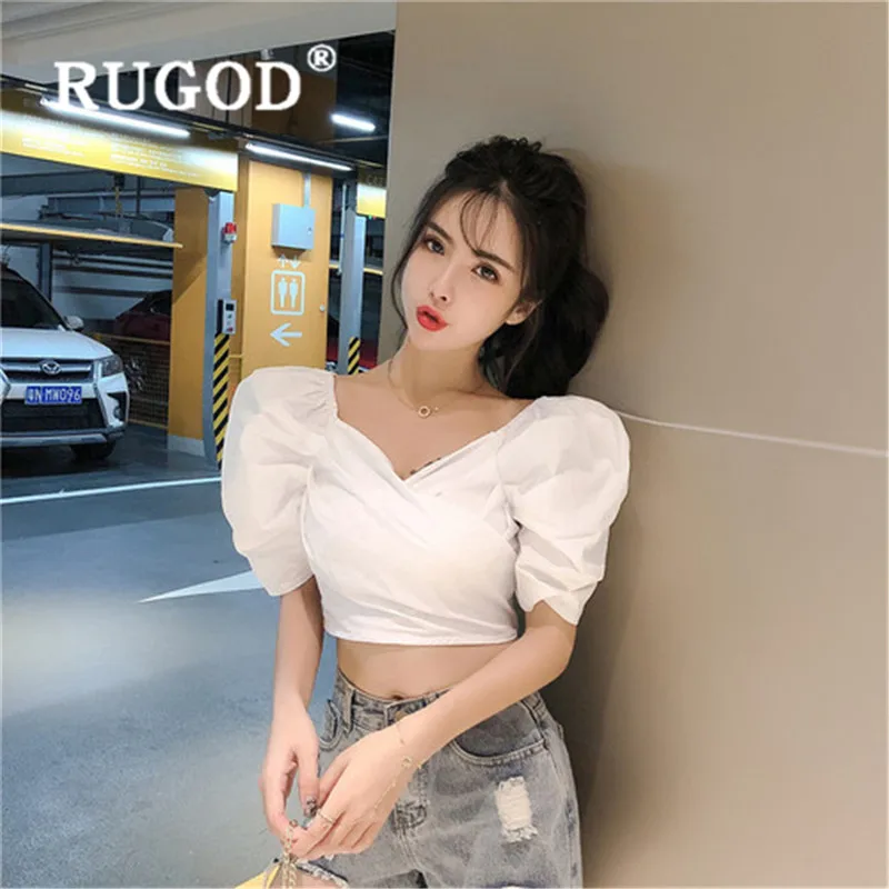 Новинка 2019 Женские топы и блузки RUGOD с пышными рукавами V образным вырезом