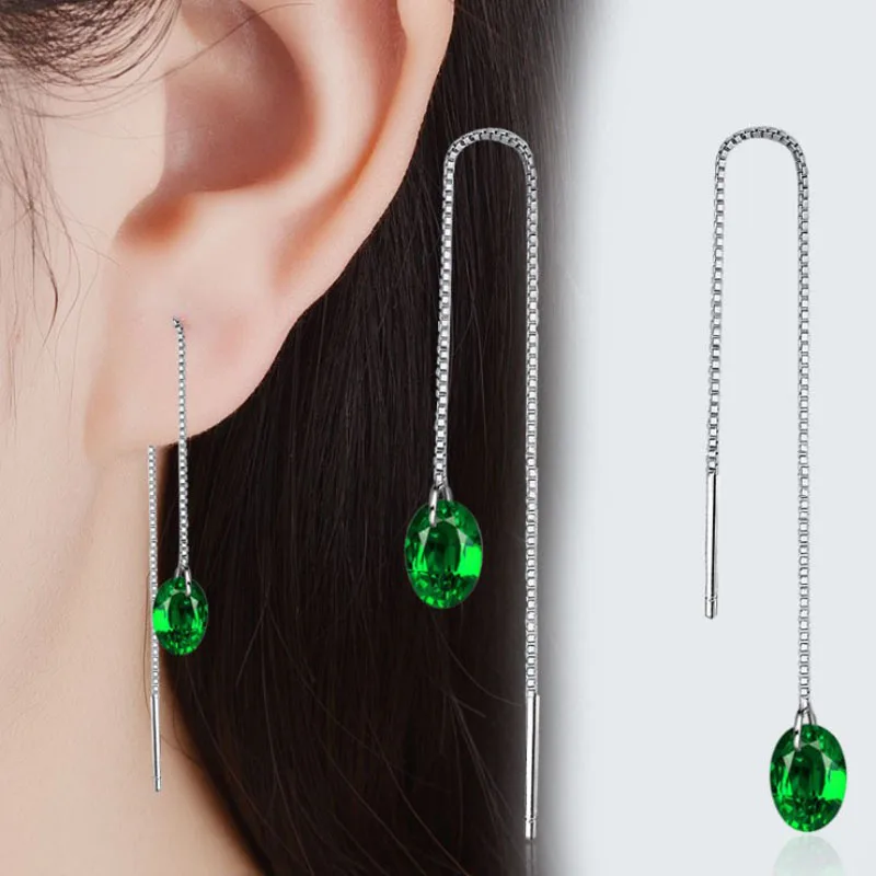 

KOFSAC New Fashion Silver 925 Earrings For Women Personality Green Zircon Eardrop Earring Long Ear Line Jewelry Gift Brincos