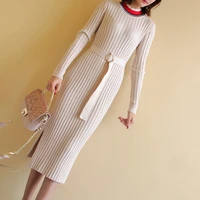 free shipping 2019 new fashion autumn and spring vintage long sleeve knitted one piece sweater long mid calf dress with belt