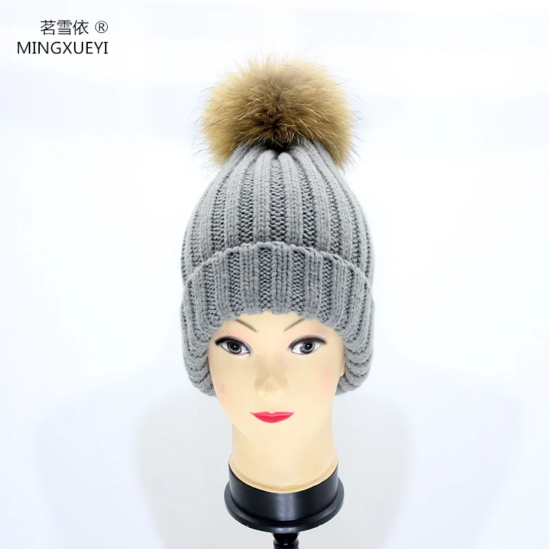 Лисий мех ball cap хип хоп помпонами зимняя женская шапка для девочки вязаные шапки