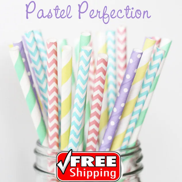 

250pcs Mixed 5 Designs PASTEL PERFECTION DIY Paper Straws,Light Yellow,Mint,Lilac,Light Blue,Baby Pink,Swiss Dot,Chevron,Striped