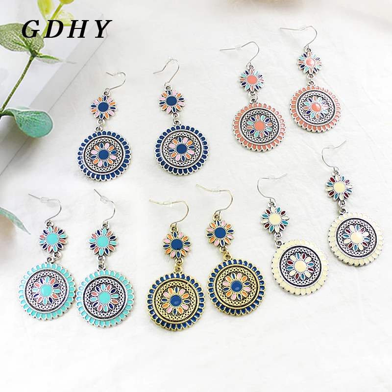 GDHY Bohemian Pattern Leaf Leaves Ccircular Circular Droplet Ring Drop Earrings Gift | Dangle
