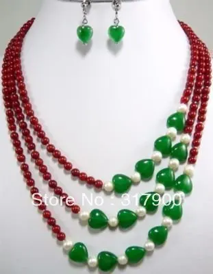 3 ряда кораллово красных бусин с зеленым ожерелье серьги набор|necklace set beads|beads redbeads