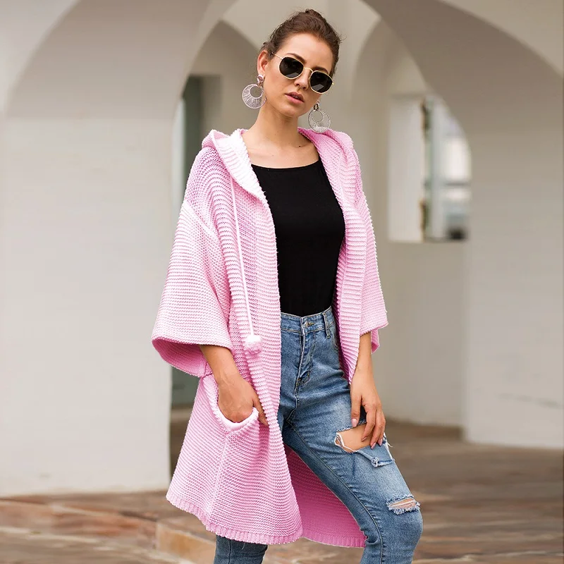 Элегантный вязаный свободный ветрозащитный кардиган с капюшоном Женская куртка