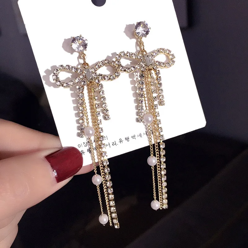 Женские Висячие серьги с бантом богемные кристаллами и жемчугом | Украшения