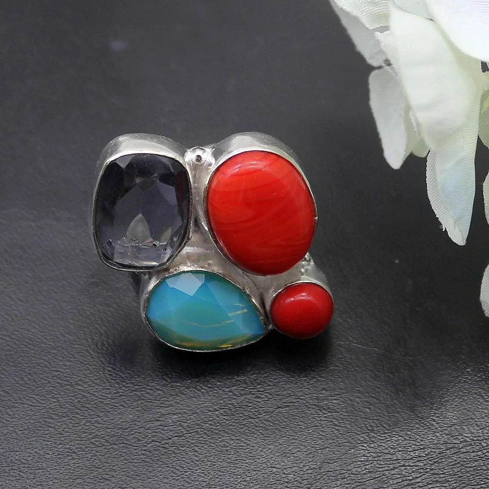 Много драгоценных камней Натуральный Коралл Jasper925 стерлингового серебра мода