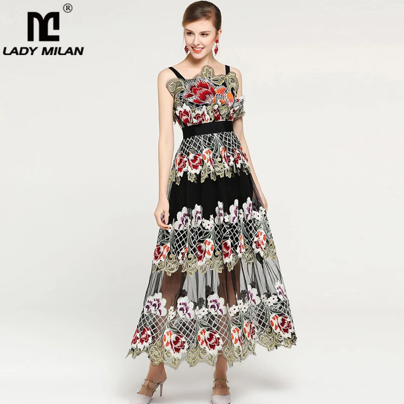 2019 женское сексуальное платье спагетти с вышивкой из тюля модное элегантное для