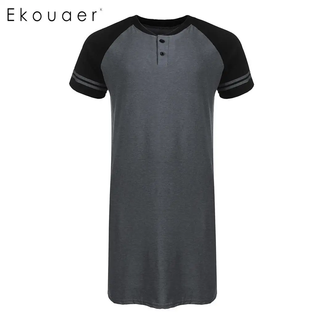 Ekouaer, мужские пижамы, мягкие ночные рубашки, ночная рубашка с коротким рукавом, свободная длинная рубашка для сна, Мужская пижама, домашняя одежда размера плюс - Цвет: Gray