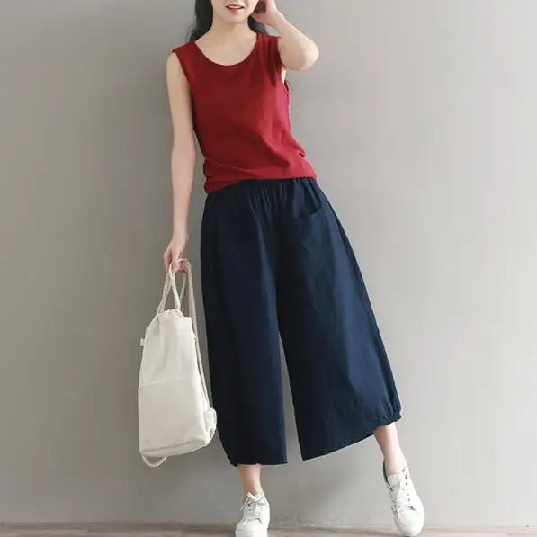 Woman Trousers Cotton Linen Pants Loose Wide Leg Elastic Waist Vintage Womens Harem Thin DV883 | Женская одежда