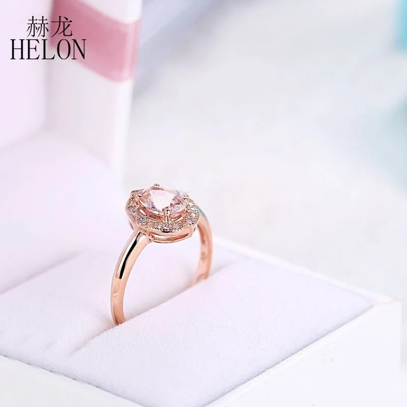 

HELON Solid 10K Rose Gold Flawless Oval Cut 7x5mm Genuine Morganite & Diamonds Women Trendy Fine Jewelry Engagement Wedding Ring