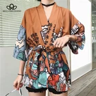 Винтажная блузка Bella Philosophy в стиле Харадзюку с японским принтом, волнистые ветровые рубашки с драконом, кимоно с рукавами летучая мышь, винтажный Топ