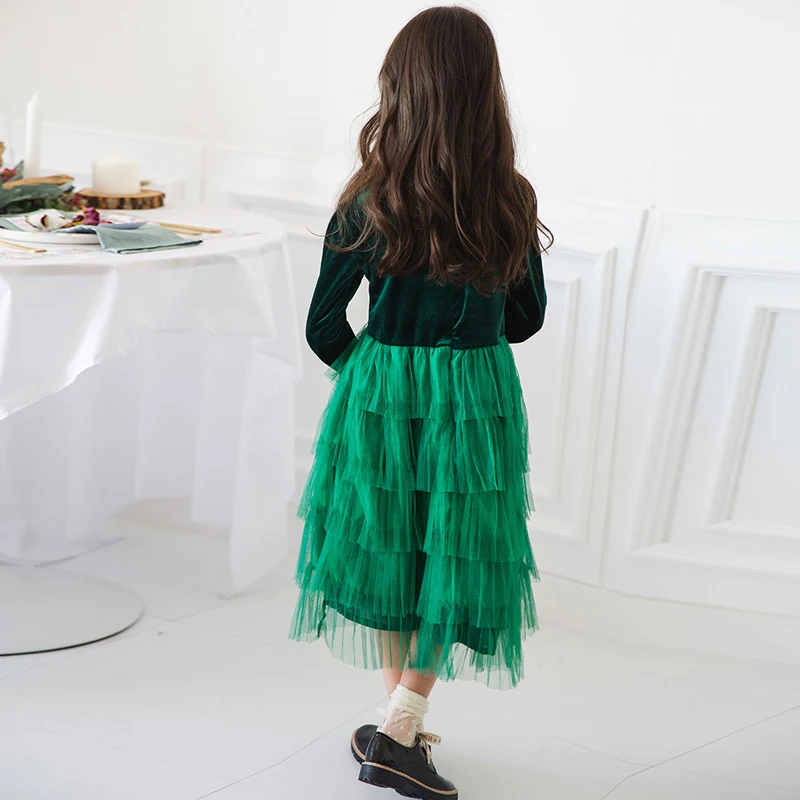 spring green velvet long dress age for 6 - 14 yrs teenage girls cupcake winter party frocks big princess costume | Детская одежда и
