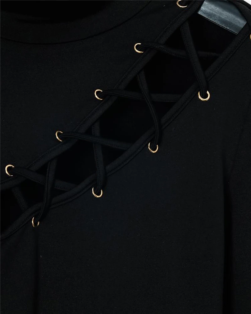 

Women Sexy Hollow Out Slim Fit Long Sleeve Casual Round Neck Shirt Solid Black Tops Blouse