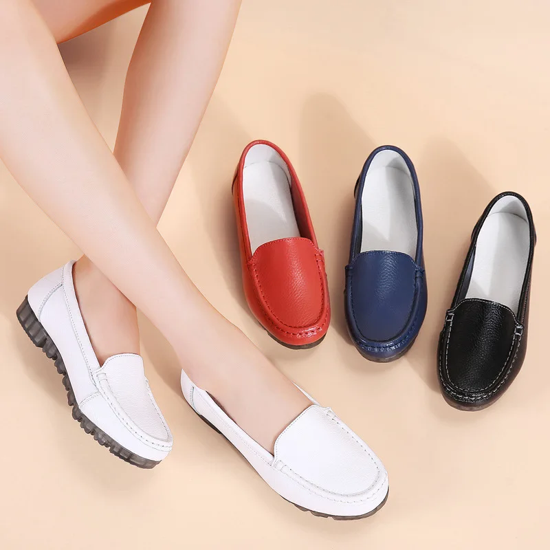 OUKAHUI White Soft Bottom Genuine Leather Flat Shoes Woman Casual Round Toe Solid Slip On Feminino Flats Comfort Ladies | Обувь