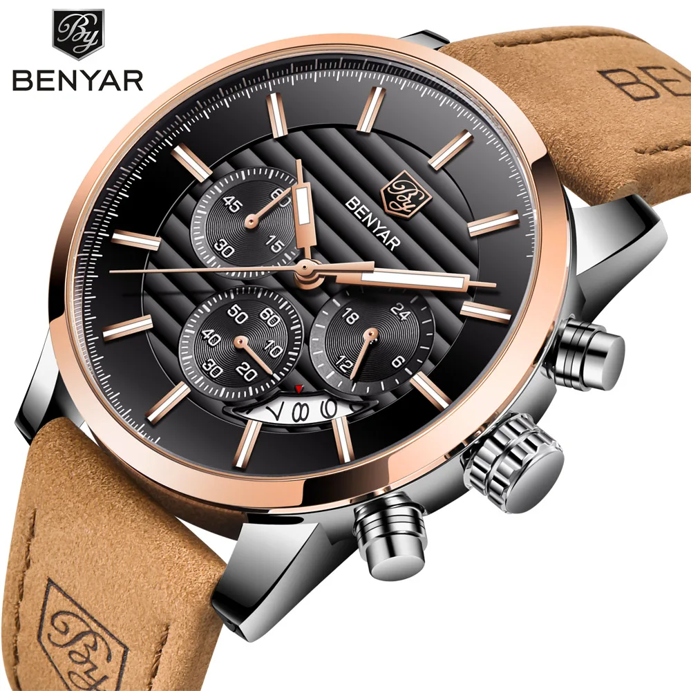 

BENYAR Men Watch Top Brand Luxury Quartz Watch Mens Sport Analog Leather Strap Male Wristwatch Gold Black Waterproof Clock xfcs