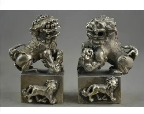 

bronze factory Pure Brass Antique A pair Chinese Collectible Decorate Handwork Old miao silver carving kylin sroom