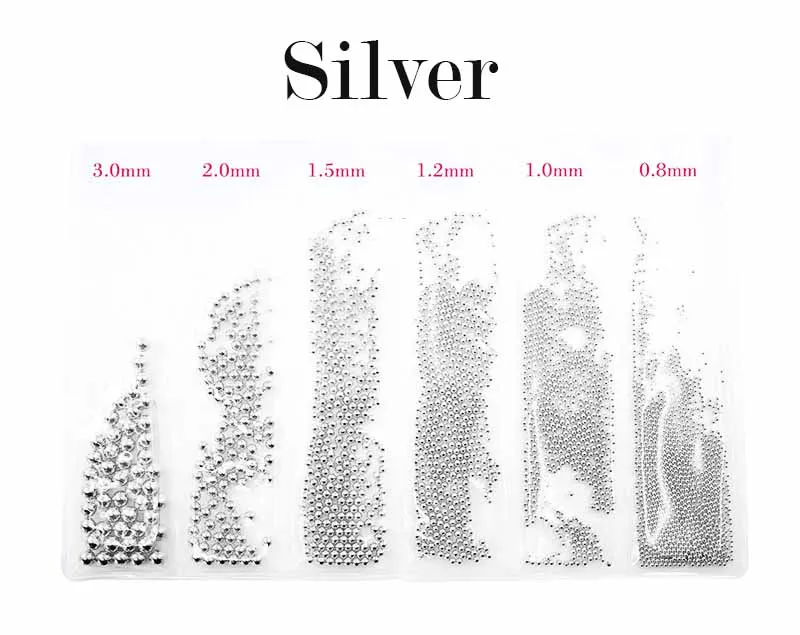 silver 1 упаковка, Микс, 6 размеров, 0,8-3 мм, черный, золотой, серебряный, розовый, металлический бисер, шар, сплав для дизайна ногтей, драгоценные камни, украшения, маникюр, сделай сам, советы - Цвет: silver