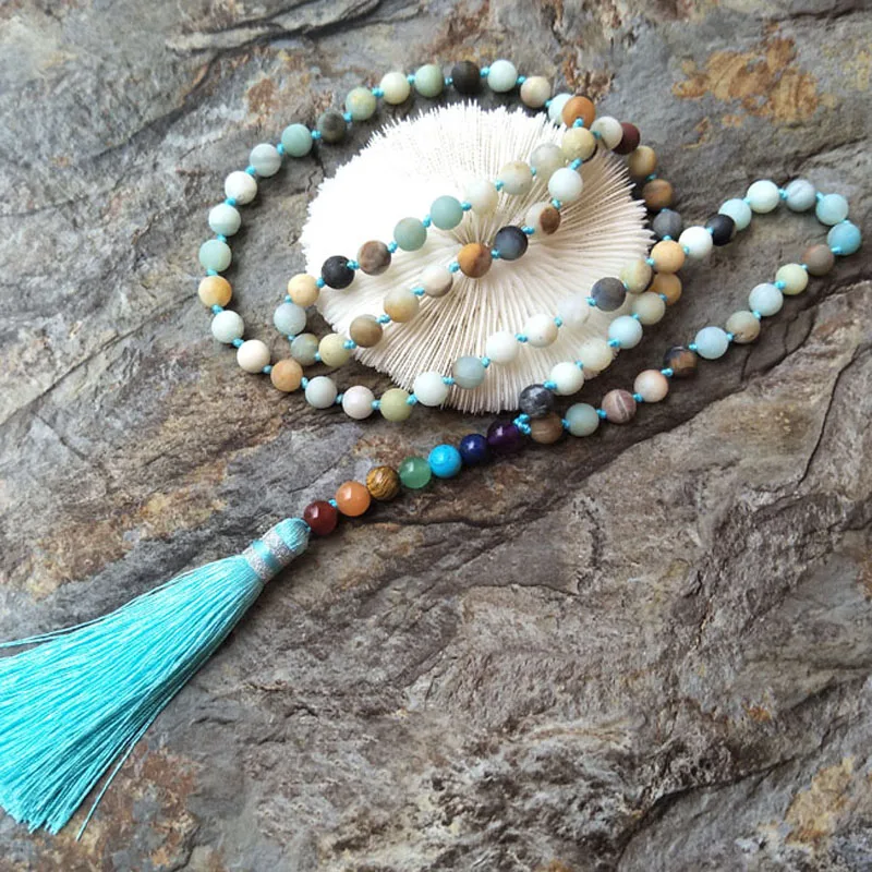 5 нитей естественных кристаллов Amazon Stone 7 чакр с кисточкой узелковой ручной работы Бохо женские ювелирные ожерелья NK100-1.