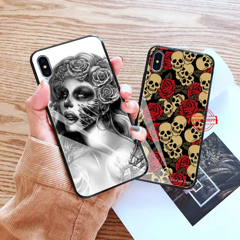 

Mexican Skull Girl tattooed Art Glass Phone Case for Apple iPhone 11 Pro X XS Max 6 6S 7 8 Plus 5 5S SE