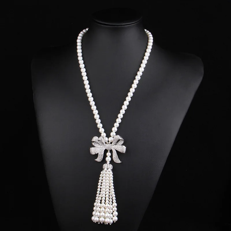 

Натуральный пресноводный жемчуг ожерелье для женщин 80 см длинный белый жемчуг 7 мм бусины Кристалл бант кулон ожерелье ювелирные изделия подарок