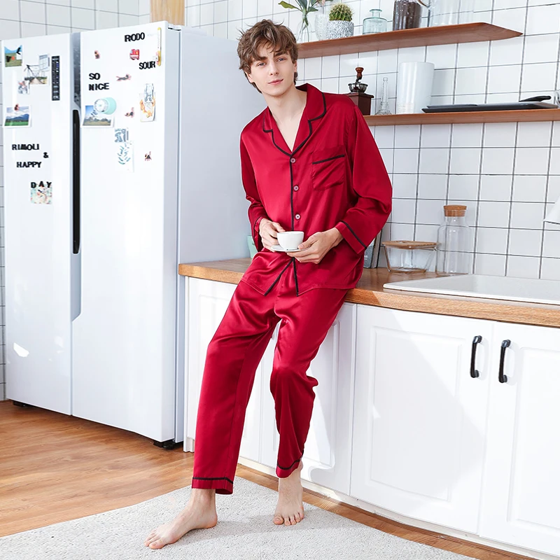 Домашняя пижама Мужская Шелковая Весенняя с длинным рукавом и штаны комплект из 2