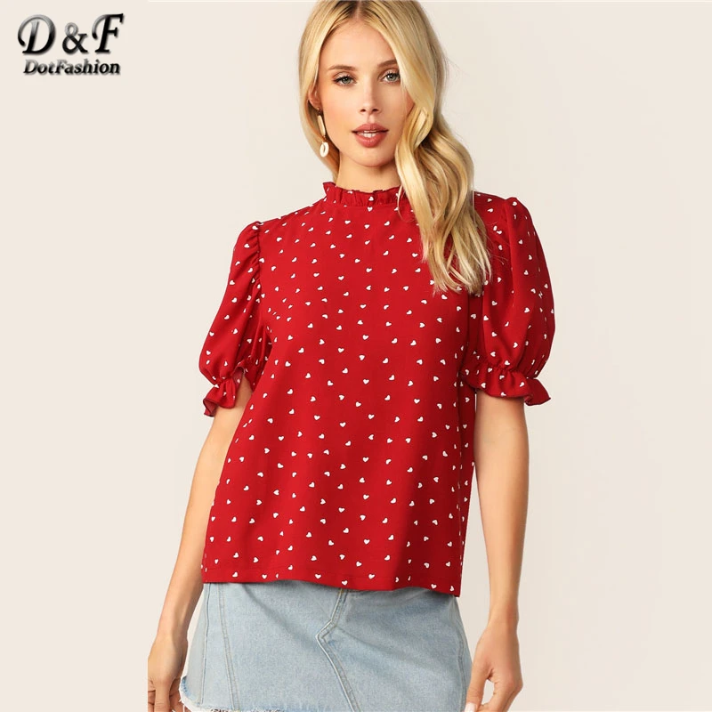 Dotfashion, красный топ с воланами на шее, с пышными рукавами, с принтом конфетти, сердце, для женщин,, летняя элегантная одежда с коротким рукавом, модная блузка