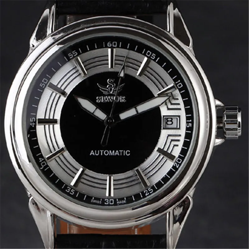 Мужские наручные часы Sewor Классические Автоматические механические с кожаным