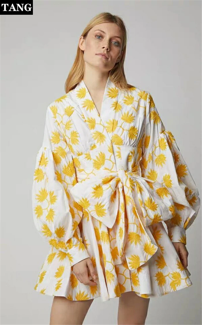 Tang весеннее женское Новое модное платье с рукавами фонариками и галстуком