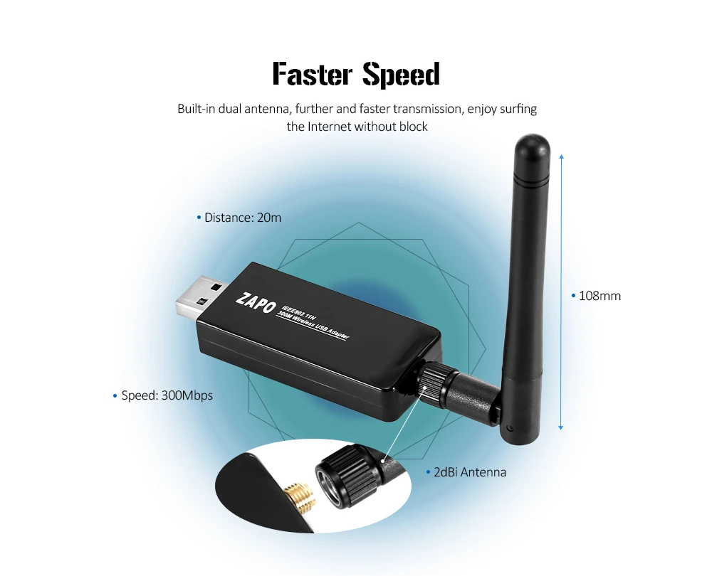 W66L 2dBi антенны 300 Мбит/с USB Беспроводной адаптер 802.11N USB Wi-Fi приемник 2,4 ГГц Wi-Fi Dongle для рабочего стола/ноутбука сетевой карты