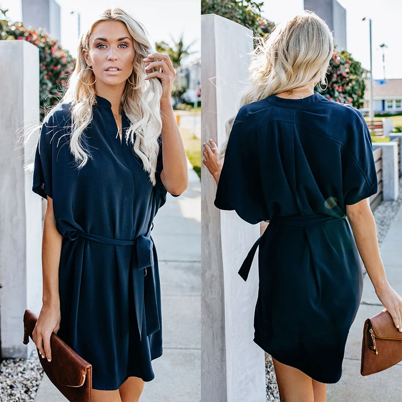 Офисная работа Vestidos 2019 Платье женское однотонное с коротким рукавом