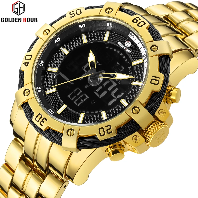 Reloj Hombre GOLDENHOUR золотые мужские часы спортивные водонепроницаемые цифровые