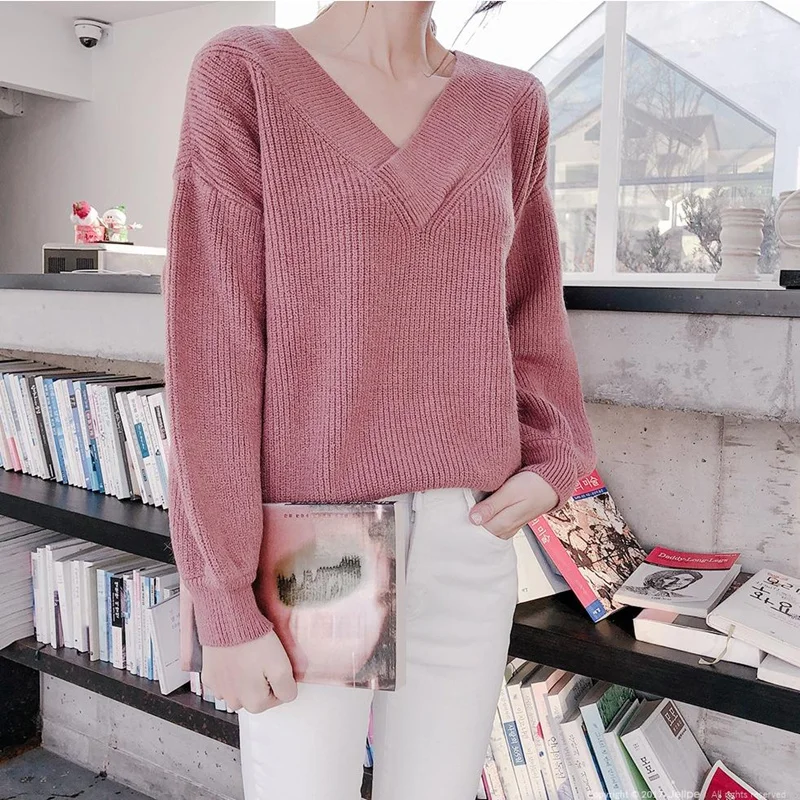 Qiukichonson 2018 Vintage V Neck Sweater Women Autumn Winter Tops Korean Fashion Jumper Pullover Long Sleeve pull femme | Женская одежда