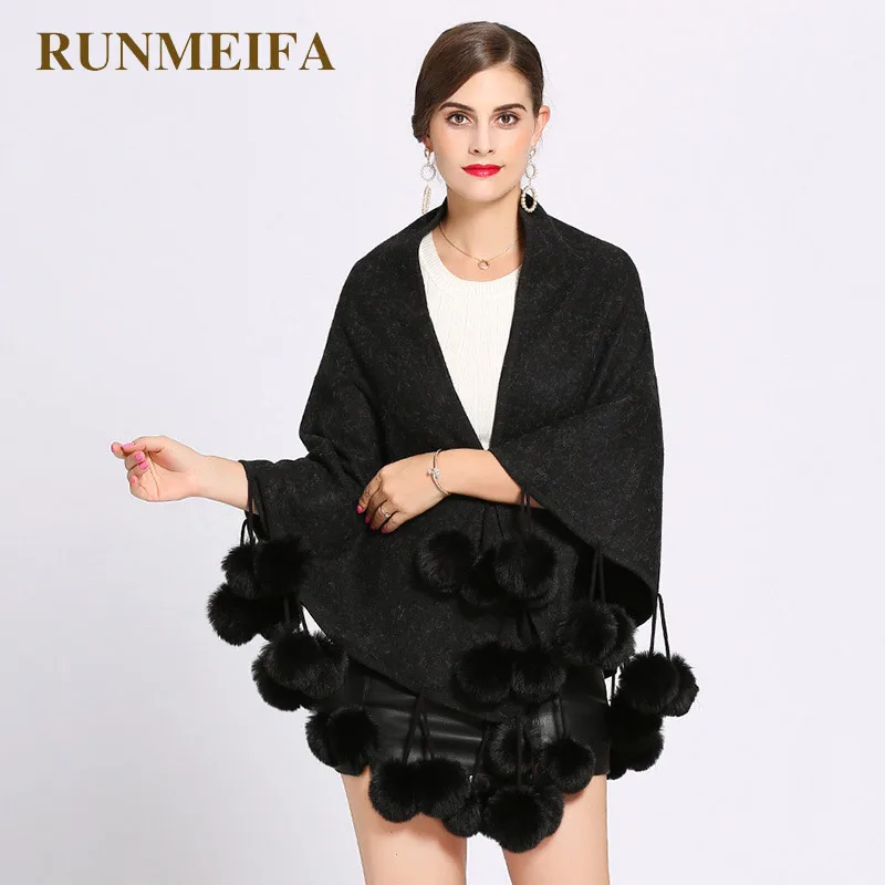 Зимний женский вязаный кардиган RUNMEIFA пончо с помпоном кашемировая шаль из