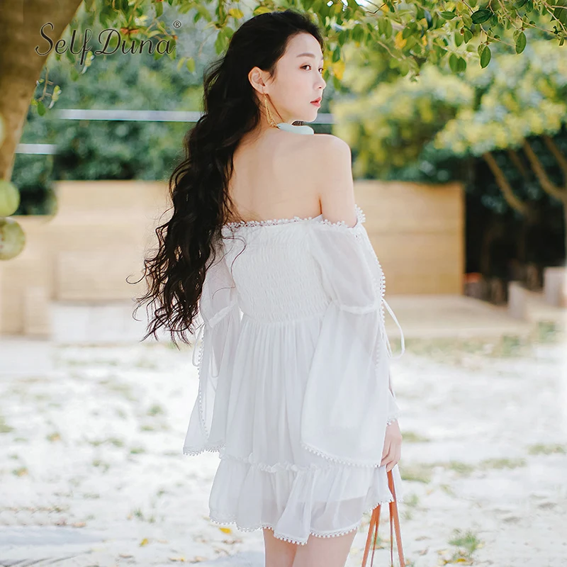 Женское Короткое платье Boho белое шифоновое с цветочной вышивкой Пляжное мини