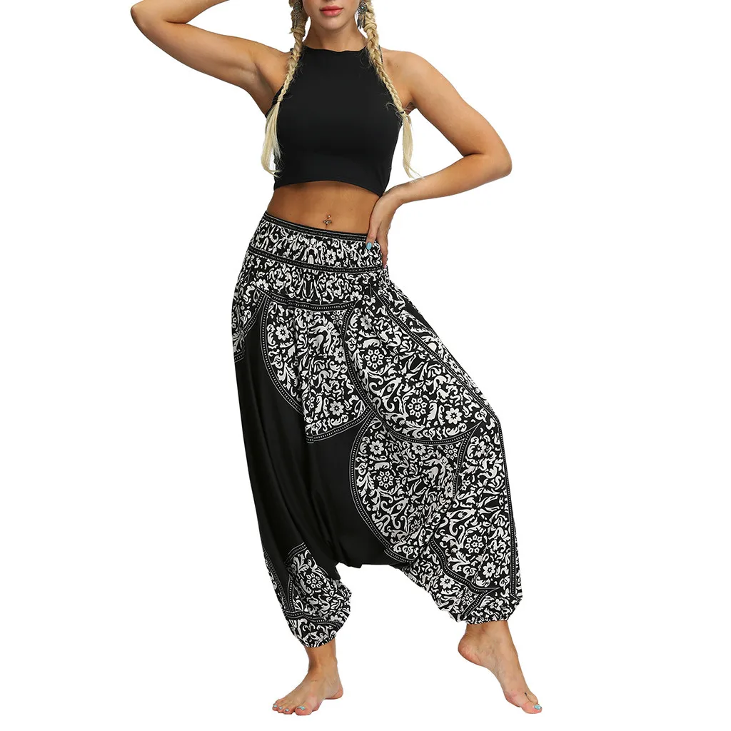 White Женские Удобные Пляжные Мешковатые Штаны Boho Gypsy Hippie, брюки с эластичным поясом и принтом, повседневные свободные Аладдин, шаровары# T20 - Цвет: White