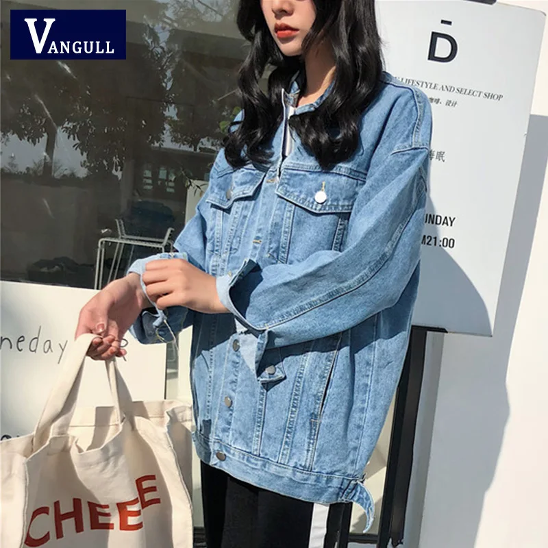 Vangull 2019 однотонная джинсовая куртка с отложным воротником для женщин Свободные