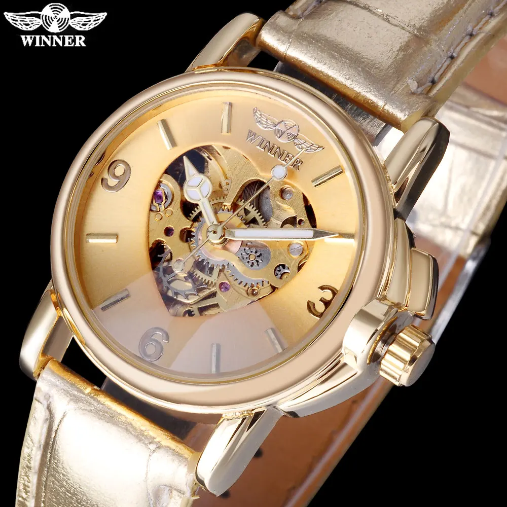2016 WINNER popular brand women watches luxury automatic self wind watch skeleton dials transparent glass gold case leather band | Наручные