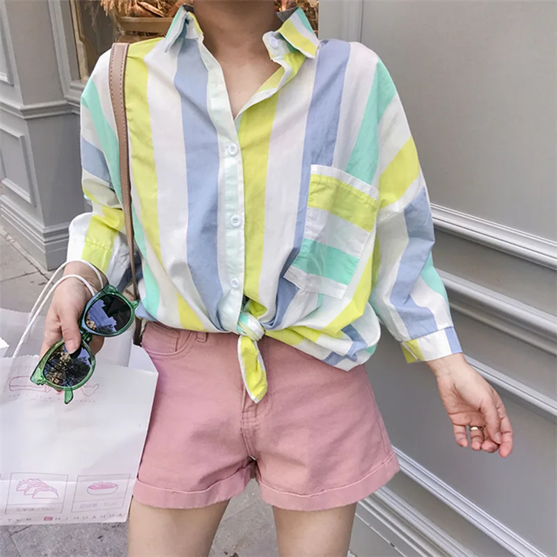 Summer New 2018 SweetLovely Fashion personalized Full Blouses Chic Women Loose Striped Print Notchedc Shirt Cute FemaleZQ142 |