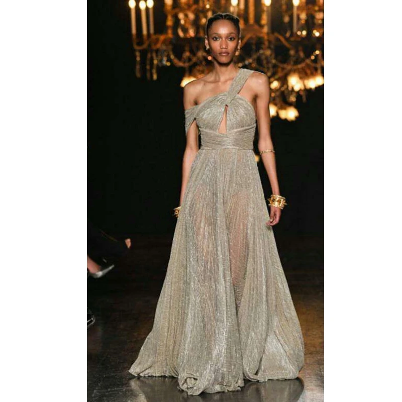 

2019 New Fashion Show Runway Dress Long Beige One Shoulder Sexy Sheer Mesh Sequin Dress Cocktail Gown Celebrity Party Vestidos